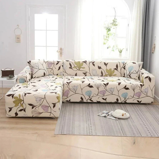 L Shape Sofa Cover- Flower Beige - Luxury Quality Strechable & Dust-proof Sofa Cover