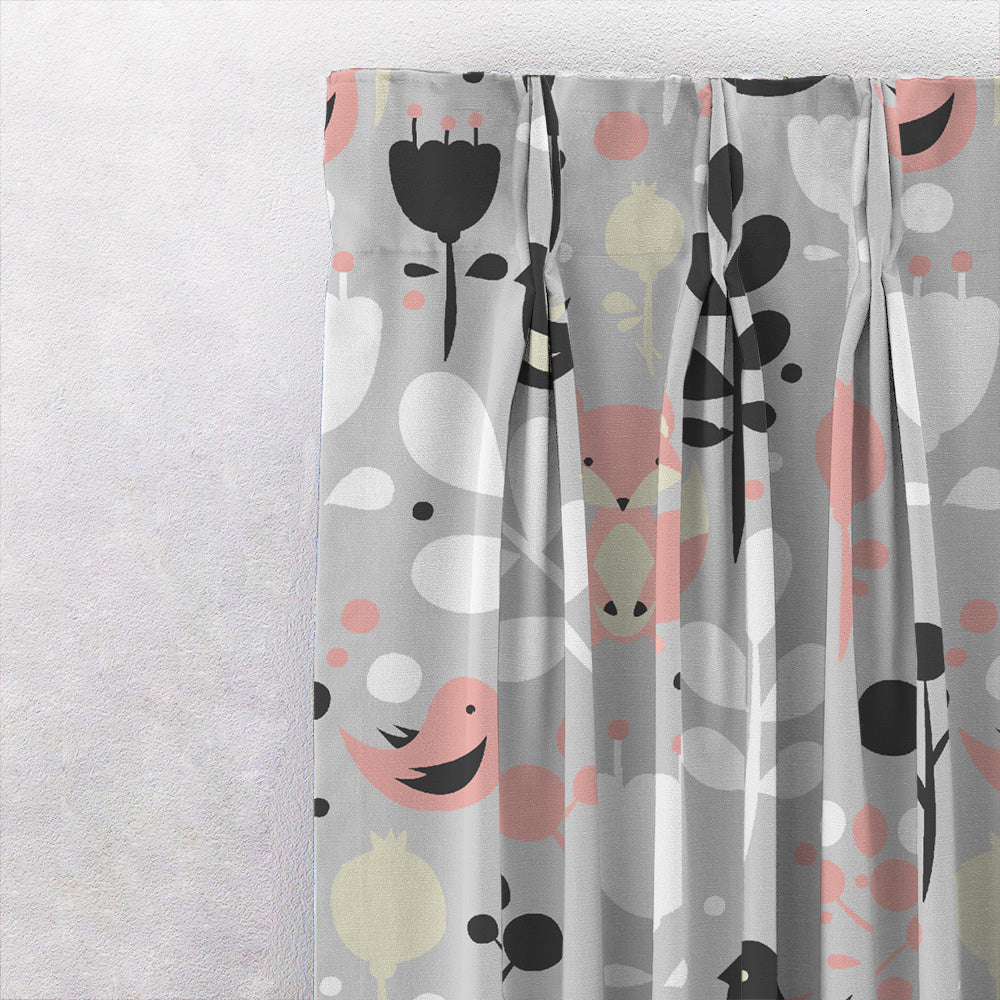 Fox and Feather Fiesta Kids Grey Heavy Satin Room Darkening Curtains Set Of 2 - (DS169A)