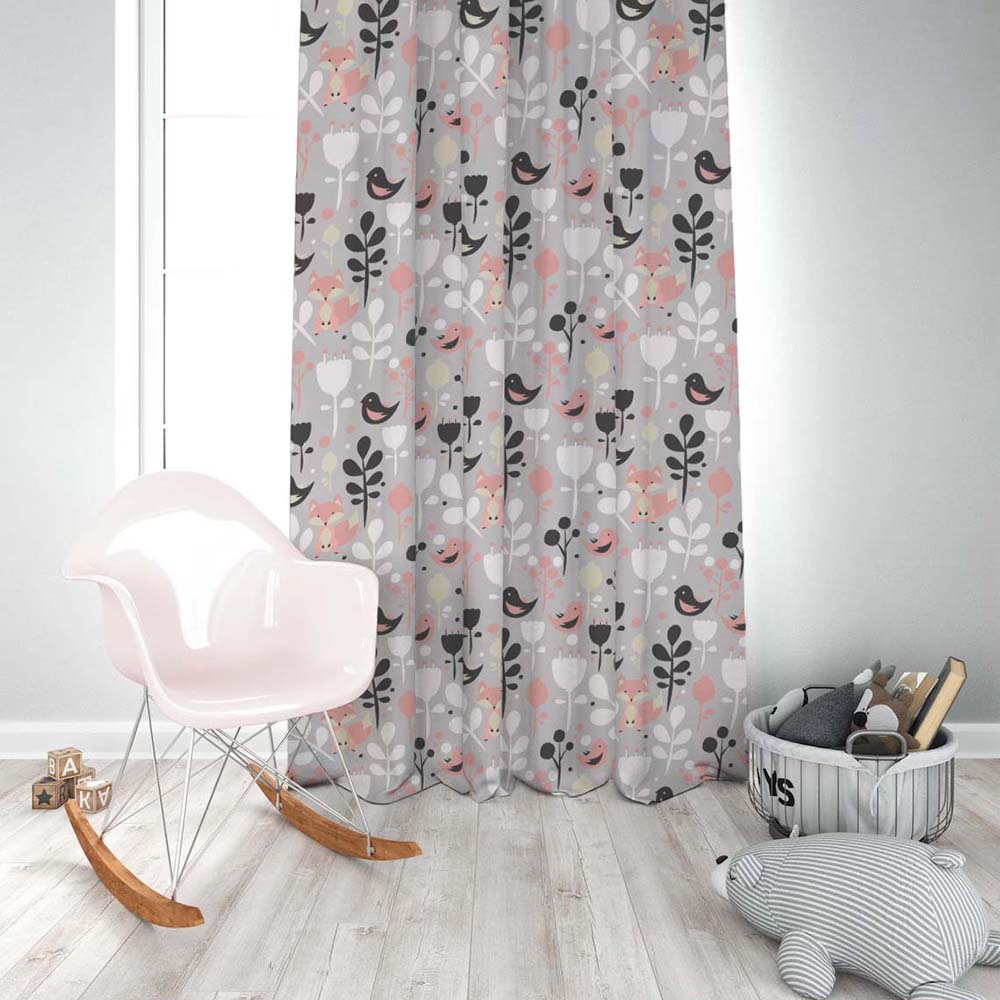 Fox and Feather Fiesta Kids Grey Heavy Satin Room Darkening Curtains Set Of 2 - (DS169A)