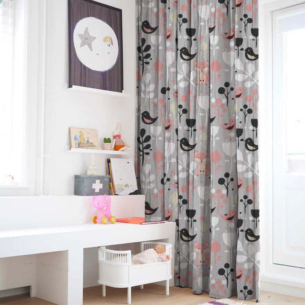 Fox and Feather Fiesta Kids Grey Heavy Satin Room Darkening Curtains Set Of 2 - (DS169A)