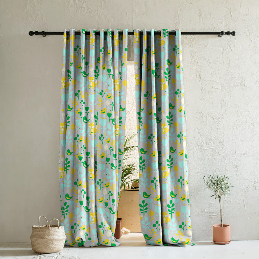 Fox and Feather Fiesta Kids Green Heavy Satin Room Darkening Curtains Set Of 2 - (DS169B)
