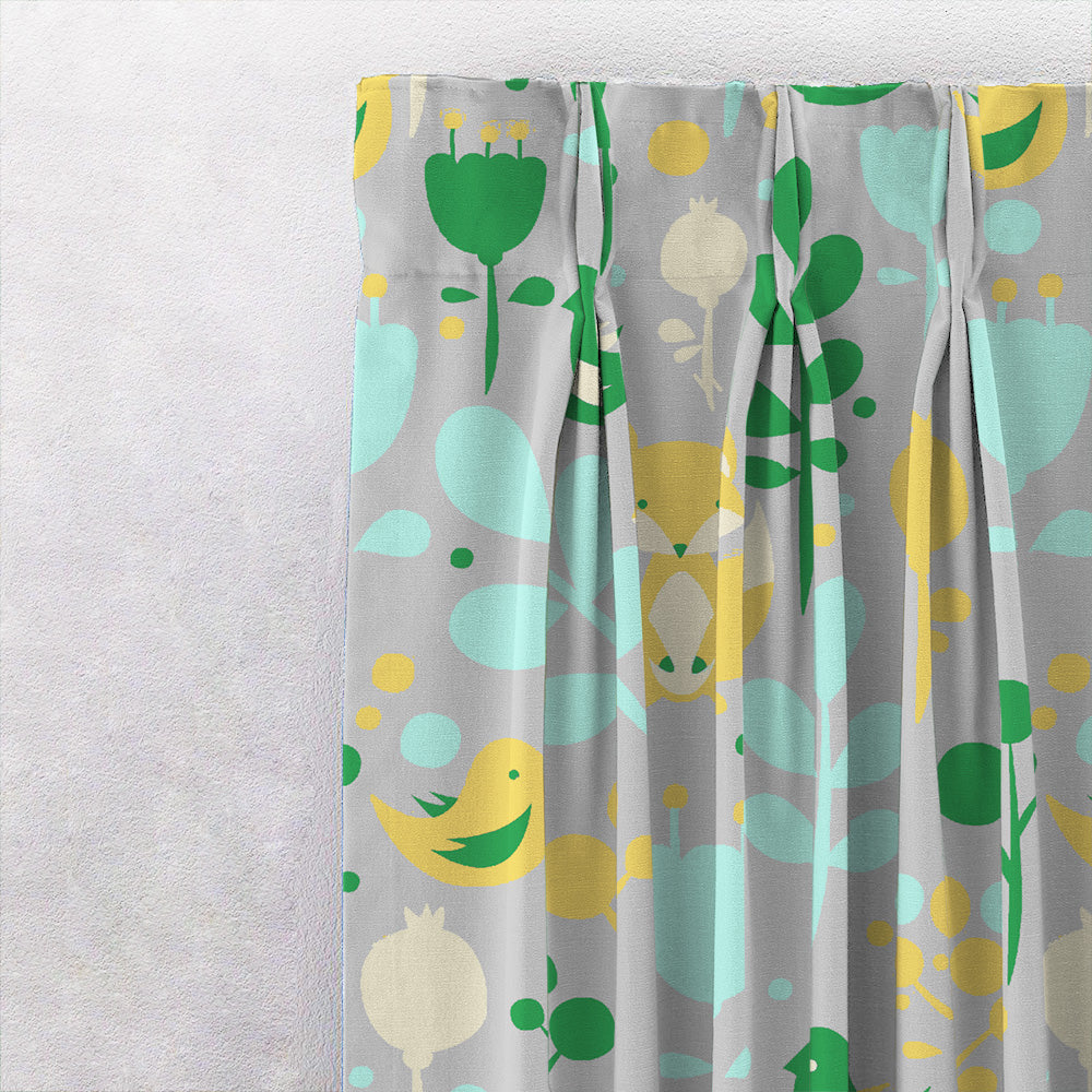 Fox and Feather Fiesta Kids Green Heavy Satin Room Darkening Curtains Set Of 2 - (DS169B)