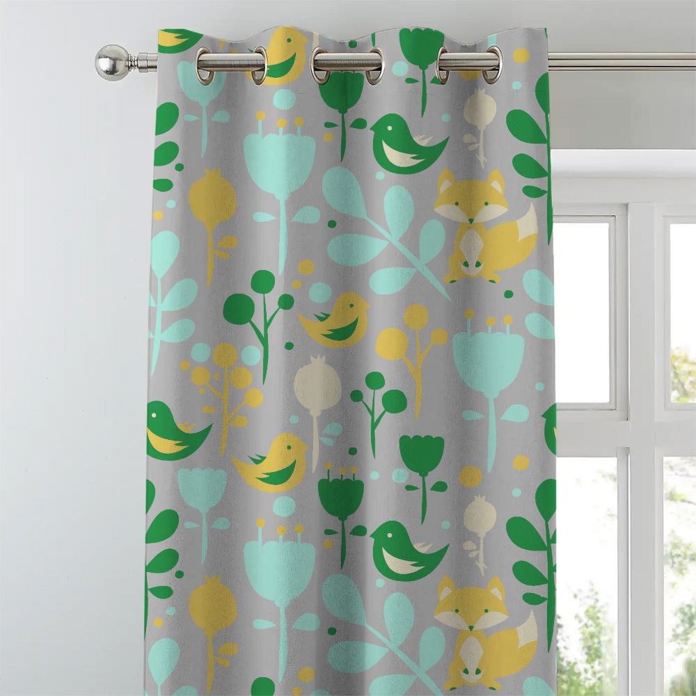 Fox and Feather Fiesta Kids Green Heavy Satin Room Darkening Curtains Set Of 2 - (DS169B)