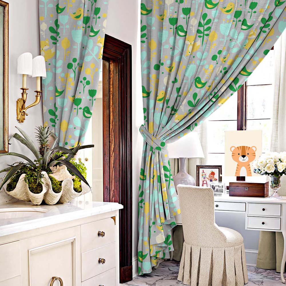 Fox and Feather Fiesta Kids Green Heavy Satin Room Darkening Curtains Set Of 2 - (DS169B)