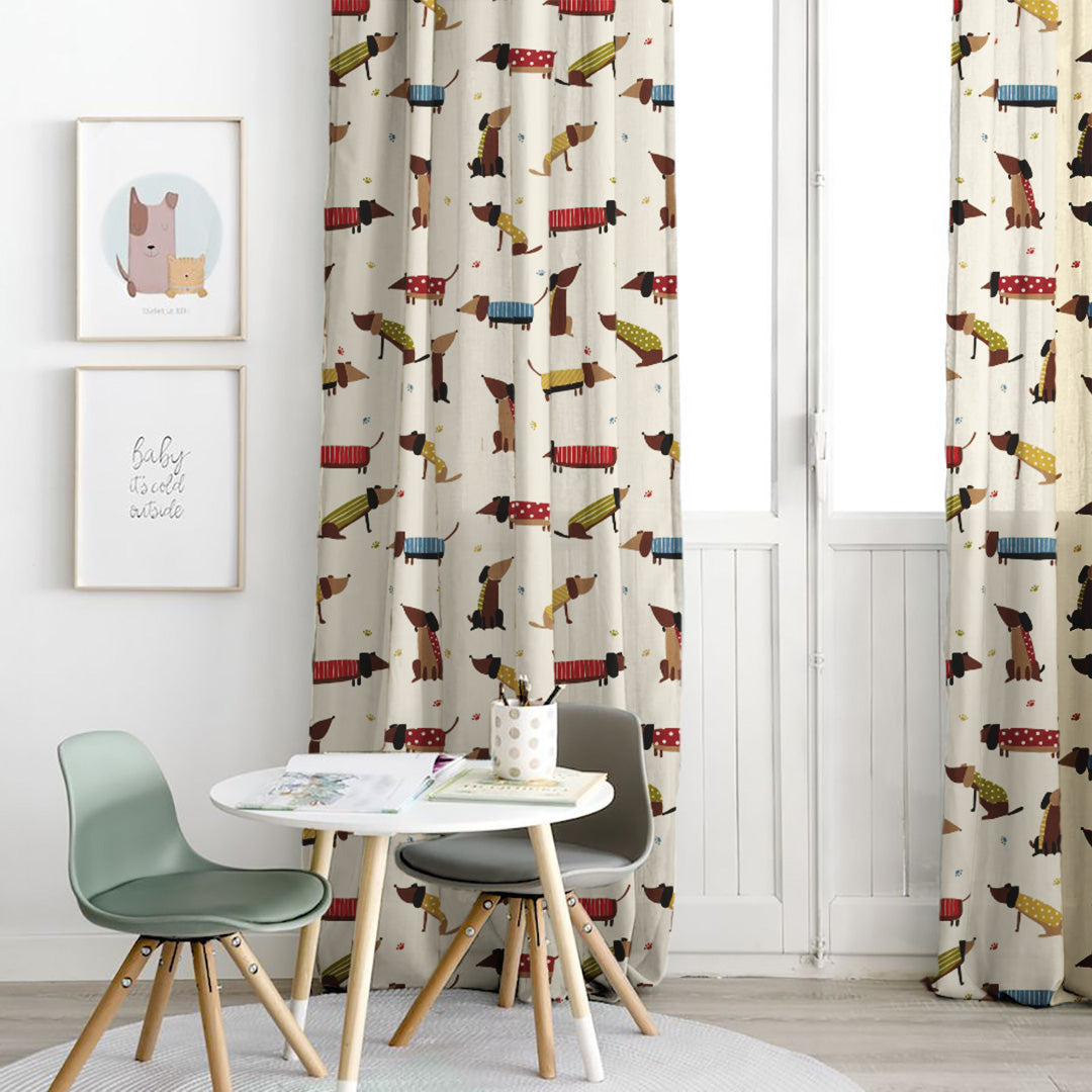 Playful Pups Kids Tan Beige Heavy Satin Room Darkening Curtains Set Of 2 - (DS183A)