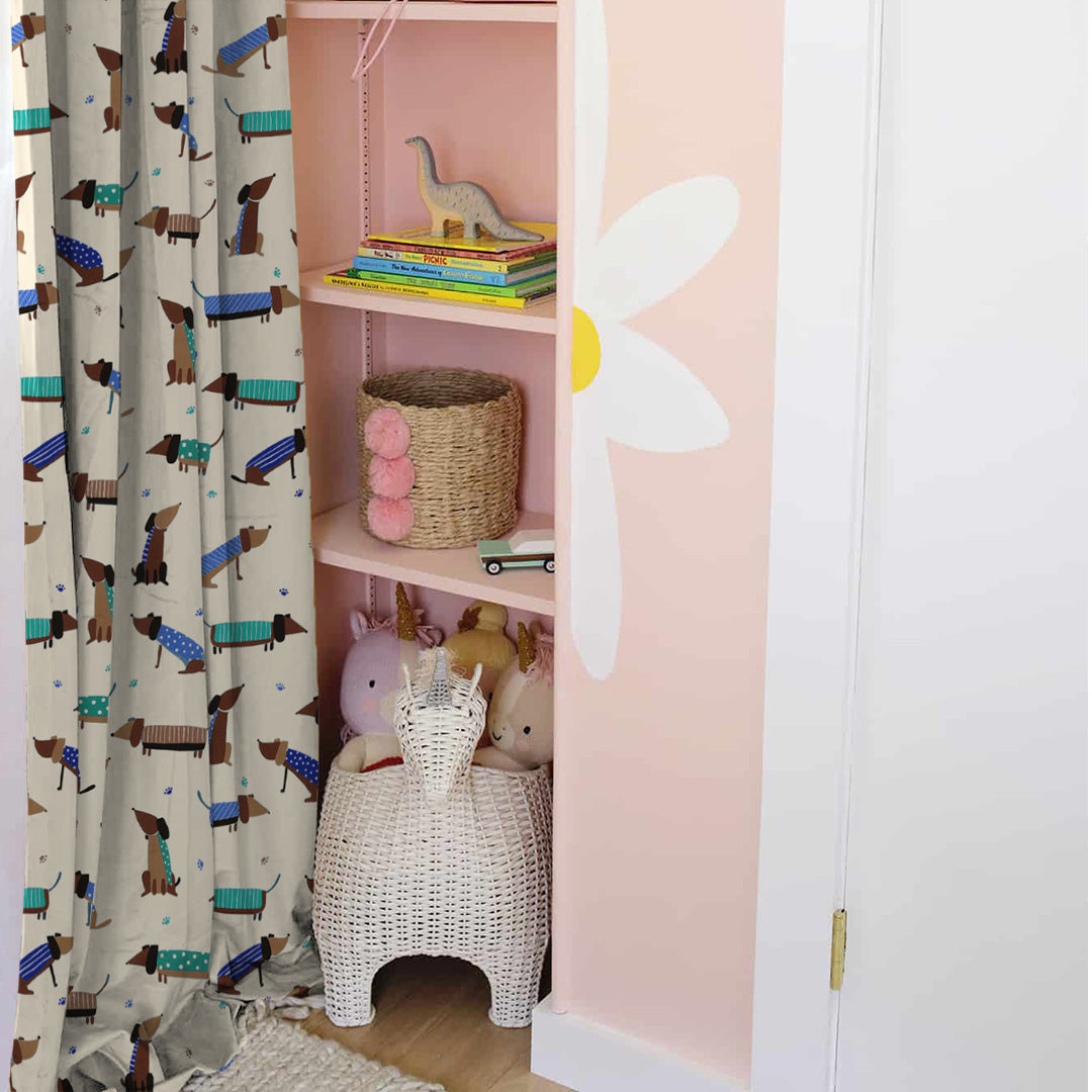 Playful Pups Kids Tan Beige Heavy Satin Room Darkening Curtains Set Of 2 - (DS183B)