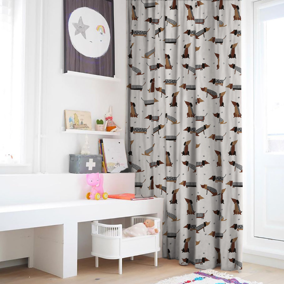Playful Pups Kids Light Grey Heavy Satin Room Darkening Curtains Set Of 2 - (DS183C)