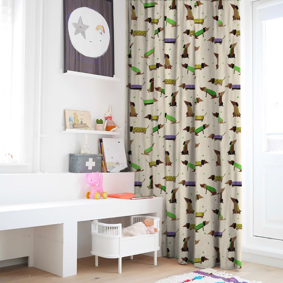 Playful Pups Kids Tan Beige Heavy Satin Room Darkening Curtains Set Of 2 - (DS183D)