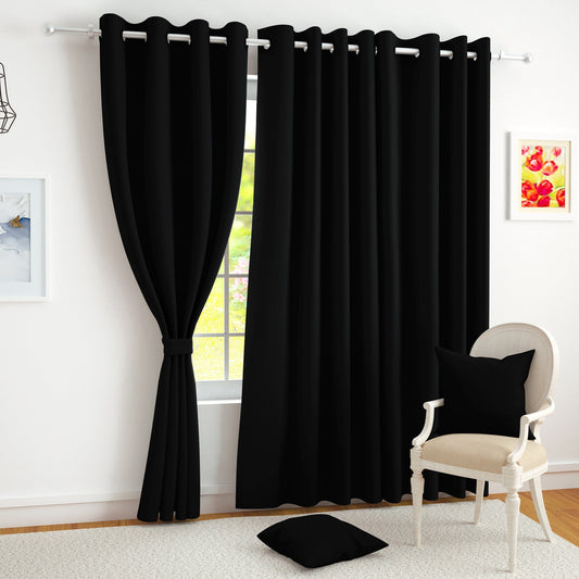 2 Pcs Black Blackout Faux Silk Room Darkening Window/Door/Semi Long Door/Long Door Curtains