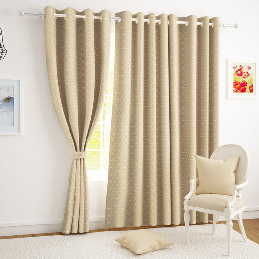 2 Pcs Blackout Foil Beige & Golden Hexagon Window/Door/Long Door Curtains