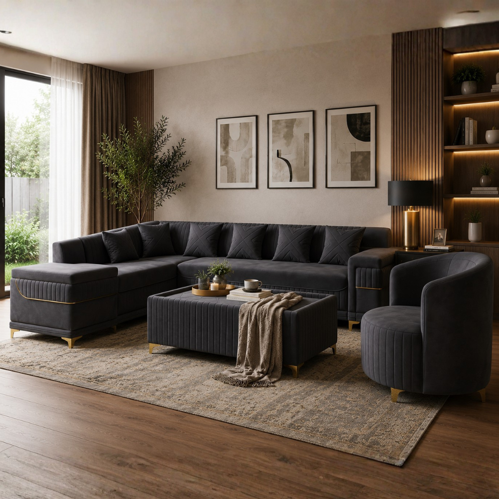 Monarch Luxury L Shape Velvet 8 seater Sofa Set with Ottoman & Accent Chair – Modern Sectional Living Room Sofa