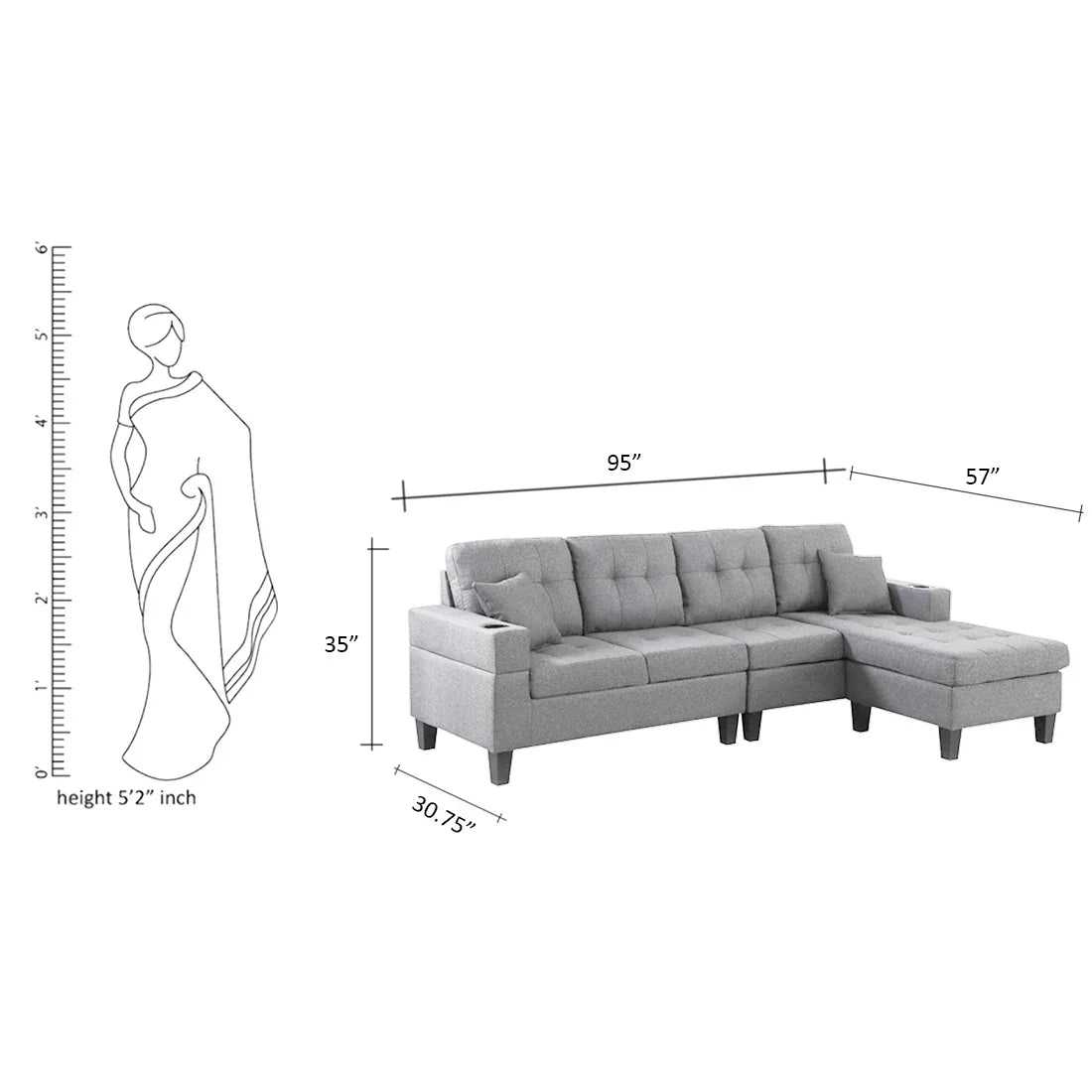 Madelyn 6 Seater Interchangeable L Shape Fabric Sofa For Living Room | Bedroom | Office