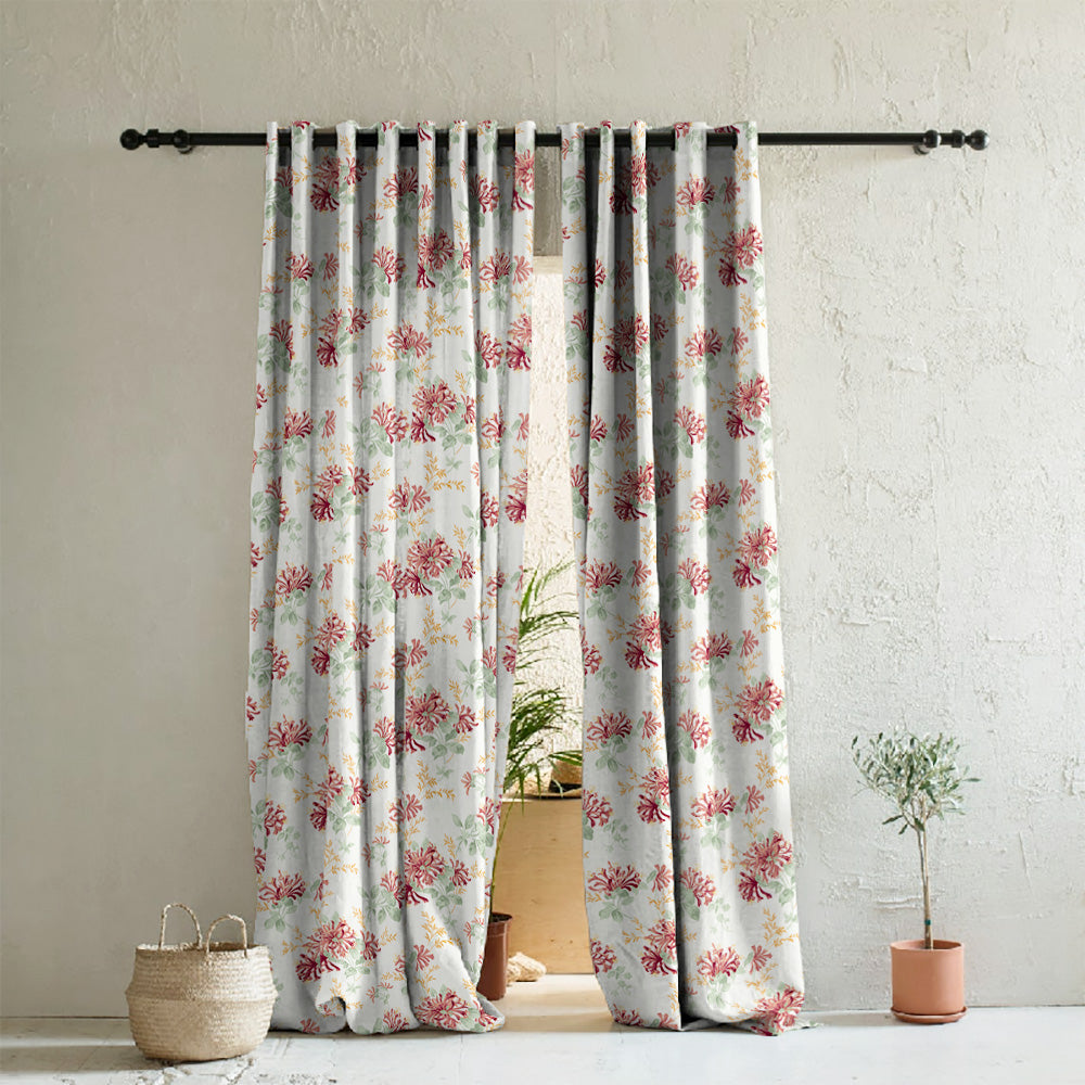 Feral Florals Floral Red Heavy Satin Room Darkening Curtains Set Of 2 - (DS206A)