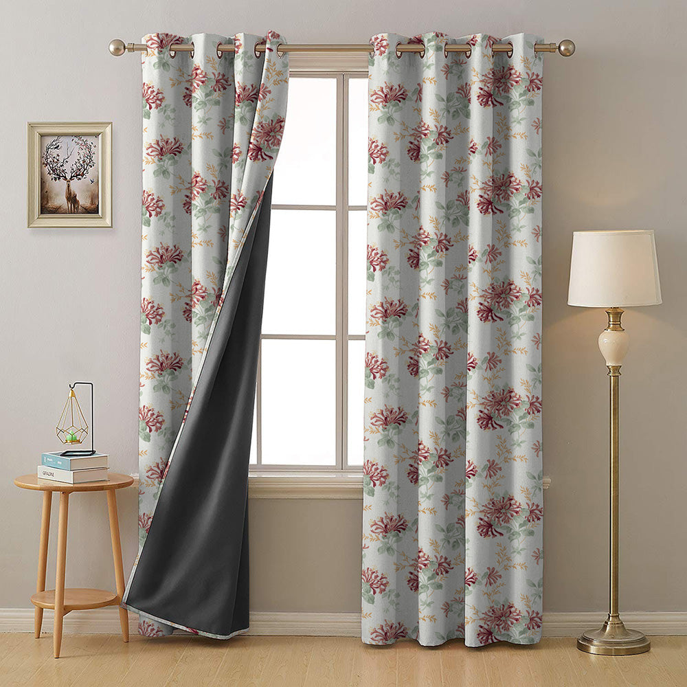 Feral Florals Floral Red Heavy Satin Room Darkening Curtains Set Of 2 - (DS206A)