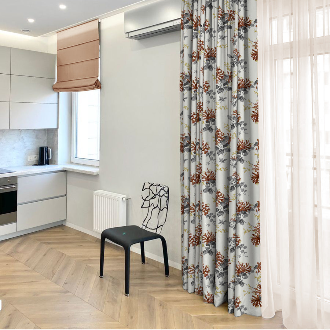 Feral Florals Floral Maroon Heavy Satin Room Darkening Curtains Set Of 2 - (DS206F)