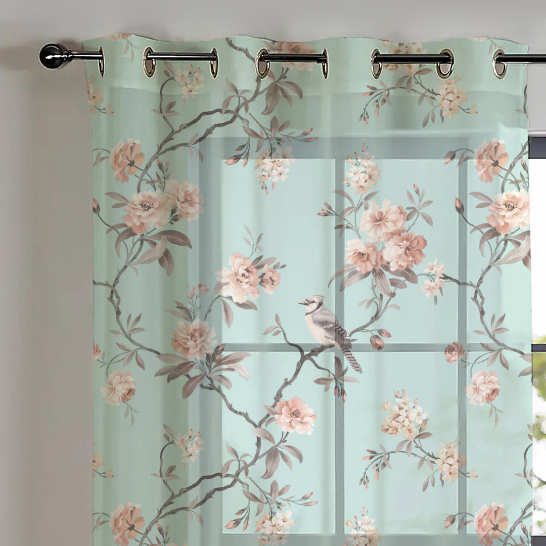 Elegant Floral Print Sheer Semi Transparent Curtain - Set of 2 -DS207A