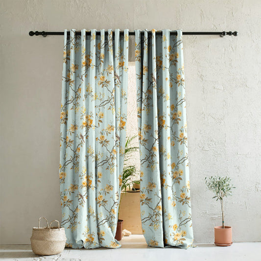 Blossoming Wings Floral Pastel Yellow Heavy Satin Room Darkening Curtains Set Of 2 - (DS207E)