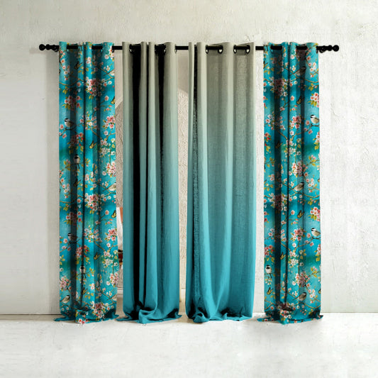 Floral Fantasy Floral & Ombre Print Combination Room Darkening Curtains Set Of 4 Door Curtain - (225AOMBRE26)