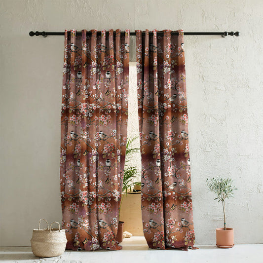 Blossoming Birds Floral Burnt Brown Heavy Satin Room Darkening Curtains Set Of 2 - (DS225F)