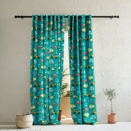 Vroom Vroom Fun Kids Mint Green Heavy Satin Room Darkening Curtains Set Of 2 - (DS252A)