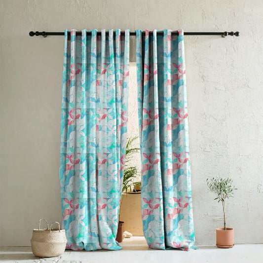 Artful Tiles Geometric Teal Heavy Satin Room Darkening Curtains Set Of 2 - (DS254B)