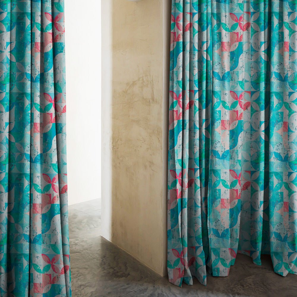 Artful Tiles Geometric Teal Heavy Satin Room Darkening Curtains Set Of 2 - (DS254B)