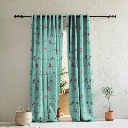 Vine Charm Floral Turquoise Heavy Satin Room Darkening Curtains Set Of 2 - (DS261A)