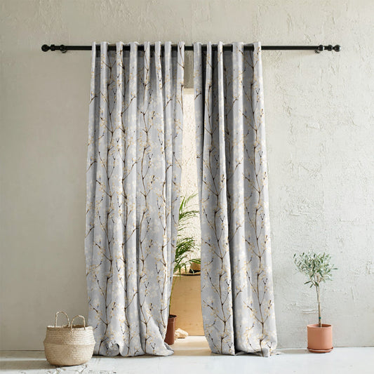 Cherry Charm Floral Pastel Yellow Heavy Satin Room Darkening Curtains Set Of 2 - (DS263B)