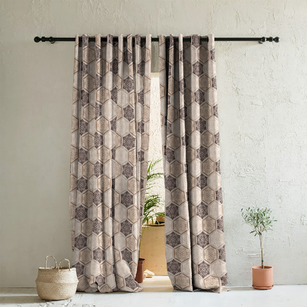 HexaGlam Geometric Cocoa Brown Heavy Satin Room Darkening Curtains Set Of 2 - (DS266C)