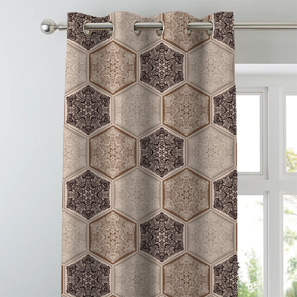 HexaGlam Geometric Cocoa Brown Heavy Satin Room Darkening Curtains Set Of 2 - (DS266C)