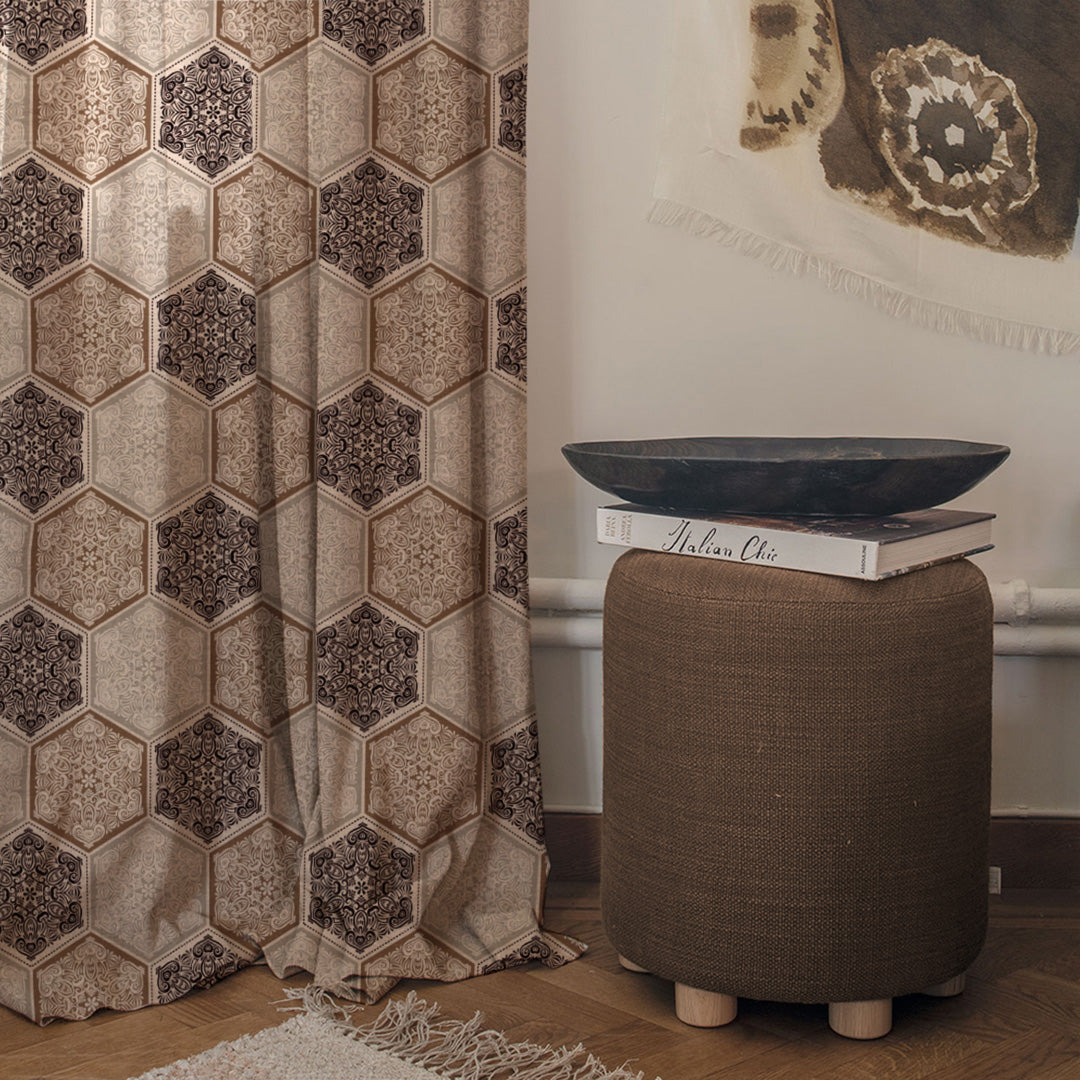 HexaGlam Geometric Cocoa Brown Heavy Satin Room Darkening Curtains Set Of 2 - (DS266C)