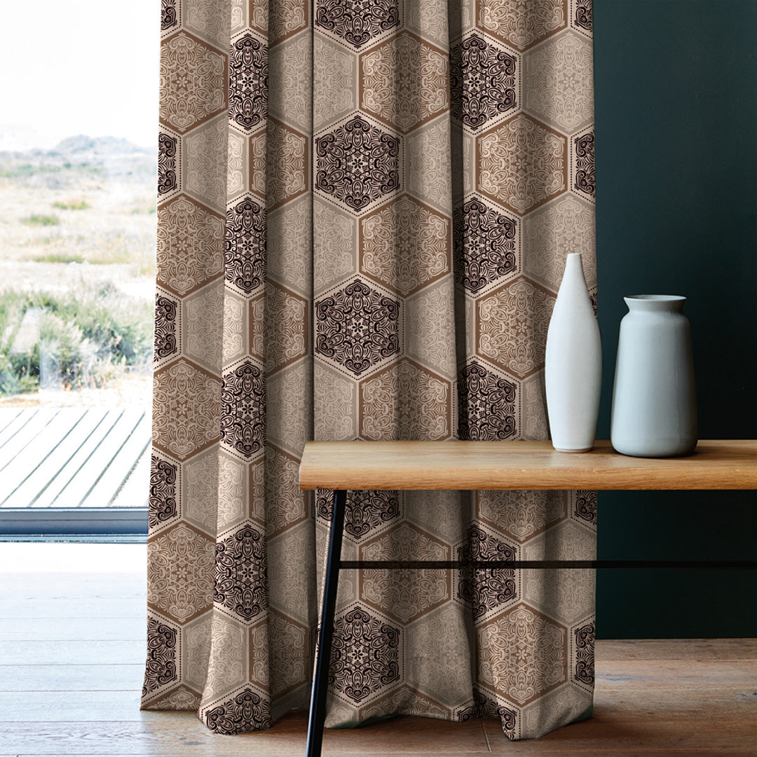 HexaGlam Geometric Cocoa Brown Heavy Satin Room Darkening Curtains Set Of 2 - (DS266C)