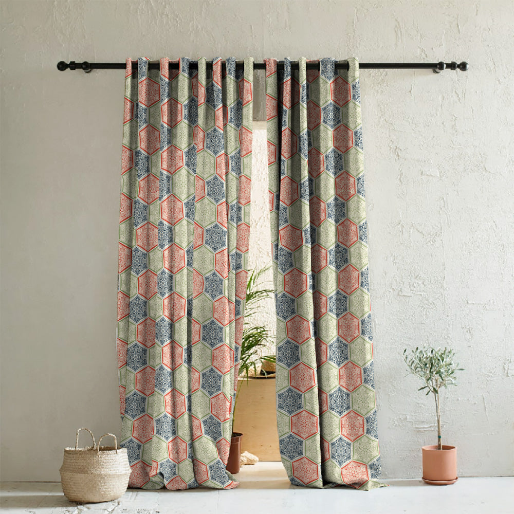 HexaGlam Geometric Red Heavy Satin Room Darkening Curtains Set Of 2 - (DS266D)