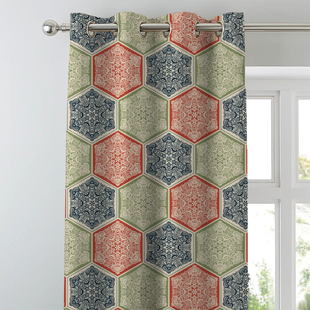 HexaGlam Geometric Red Heavy Satin Room Darkening Curtains Set Of 2 - (DS266D)