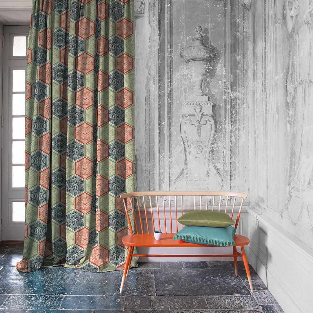 HexaGlam Geometric Red Heavy Satin Room Darkening Curtains Set Of 2 - (DS266D)