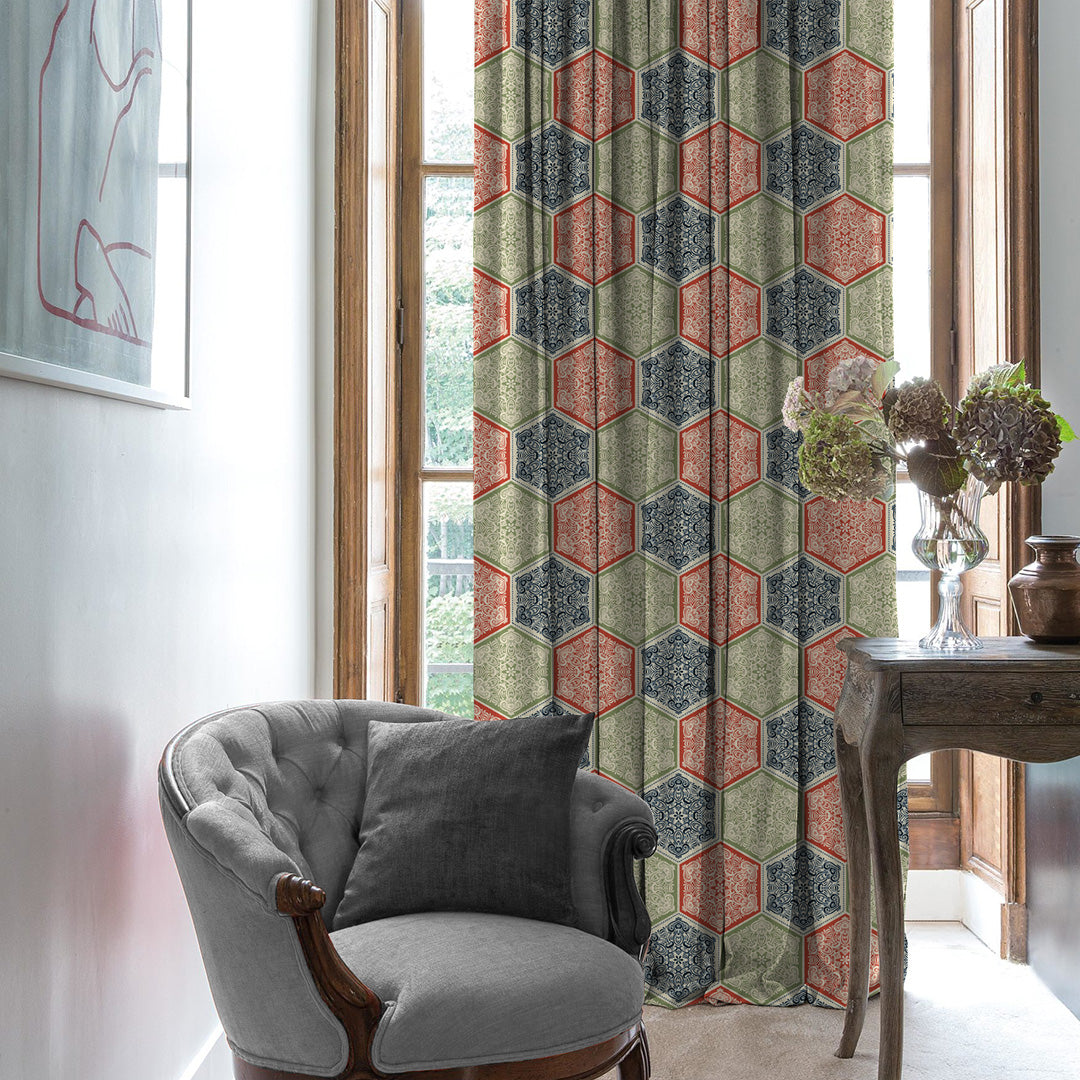 HexaGlam Geometric Red Heavy Satin Room Darkening Curtains Set Of 2 - (DS266D)