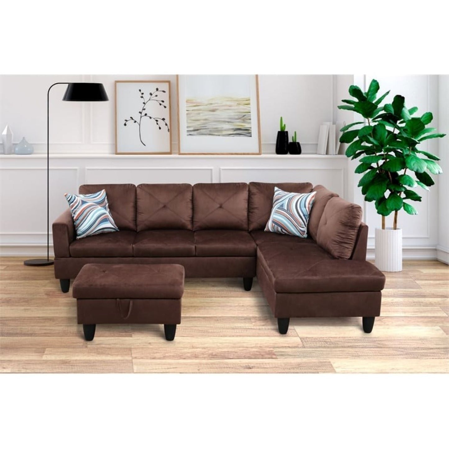 Christen 5 Seater L Shape Fabric Sofa Set with Storage Ottoman