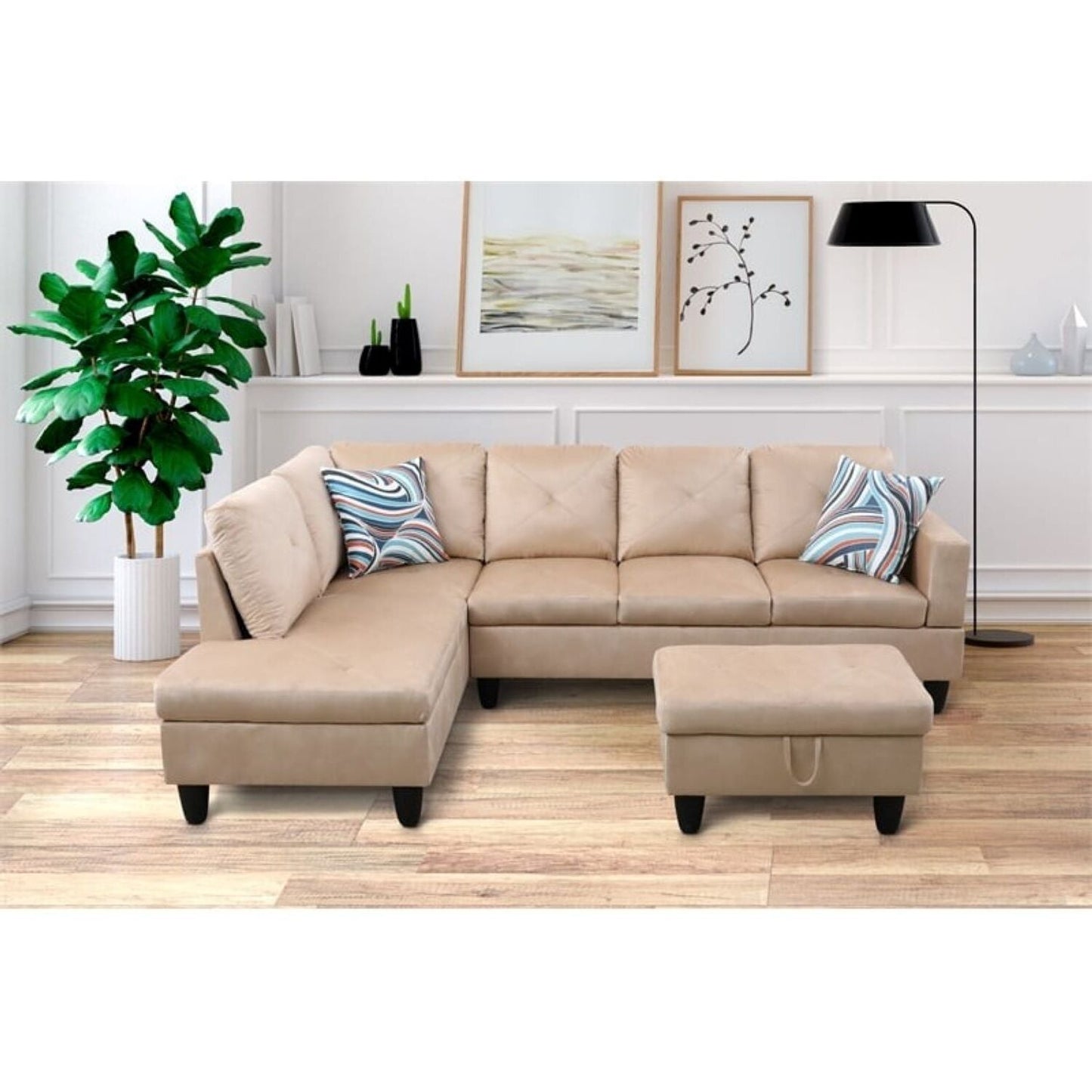 Christen 5 Seater L Shape Fabric Sofa Set with Storage Ottoman