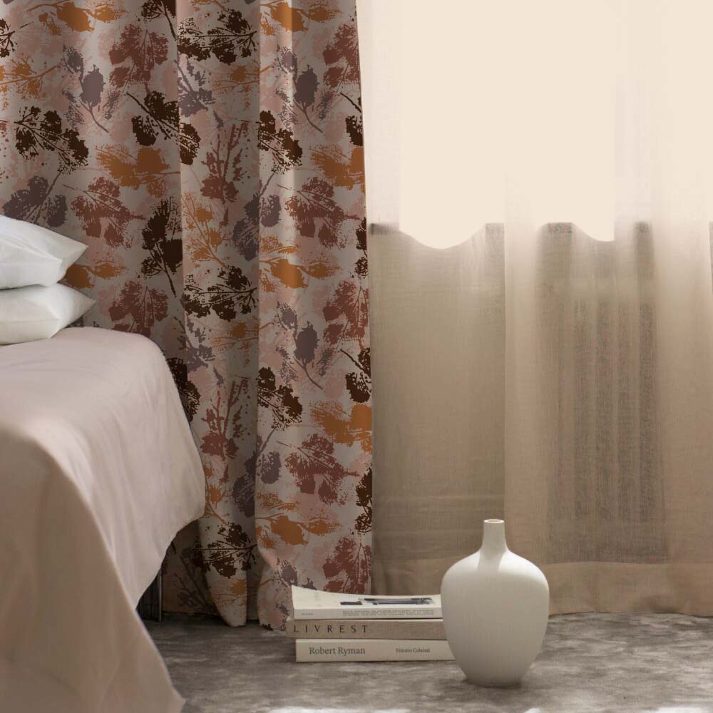 Chromatic Foliage Floral Burnt Brown Heavy Satin Room Darkening Curtains Set Of 2 - (DS271C)