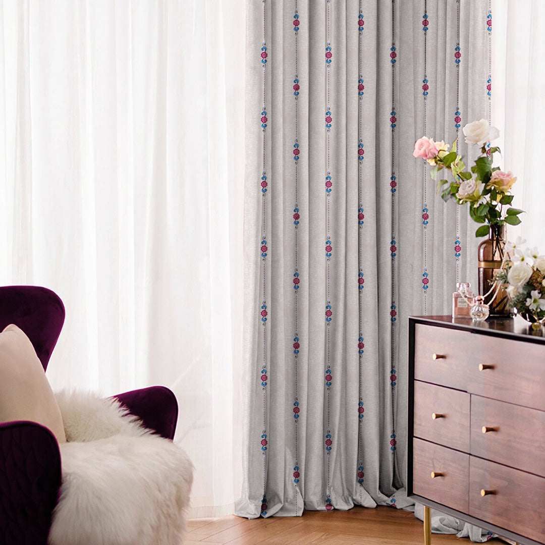 Ethnic Essence Floral Soft Pink Heavy Satin Room Darkening Curtains Set Of 2 - (DS274B)