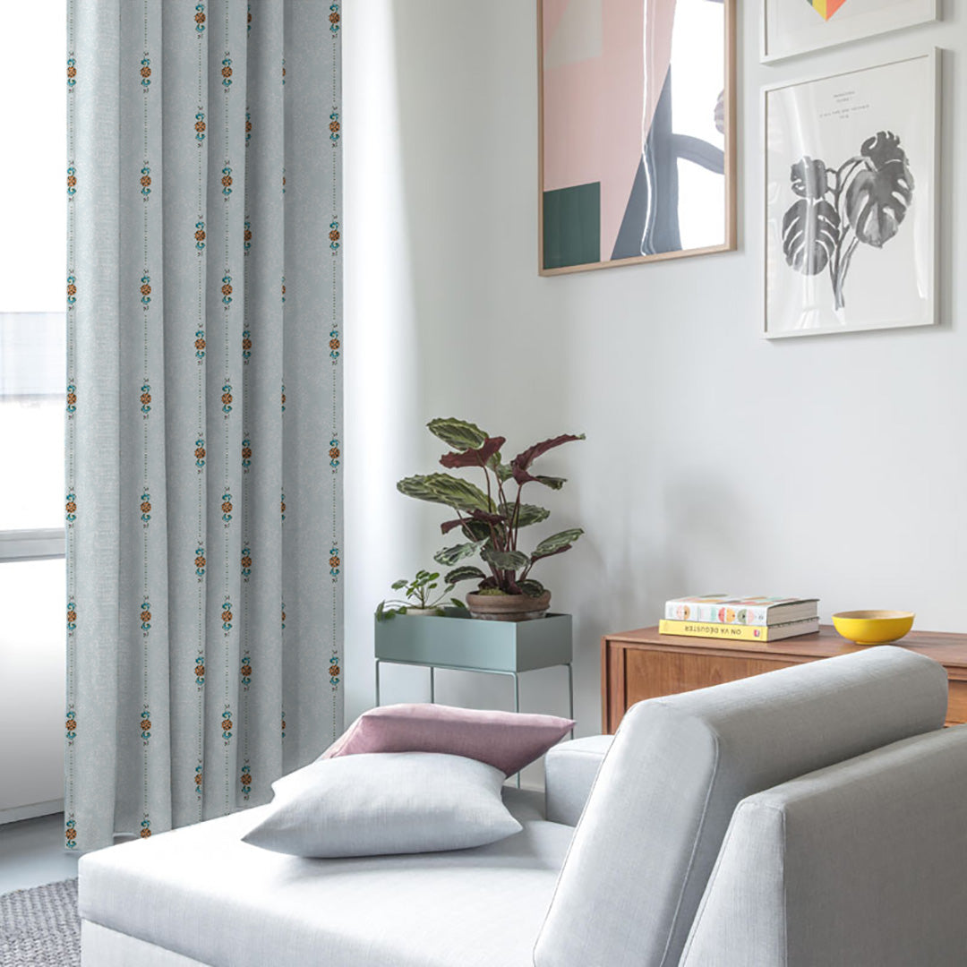 Ethnic Essence Floral Sky Blue Heavy Satin Room Darkening Curtains Set Of 2 - (DS274D)