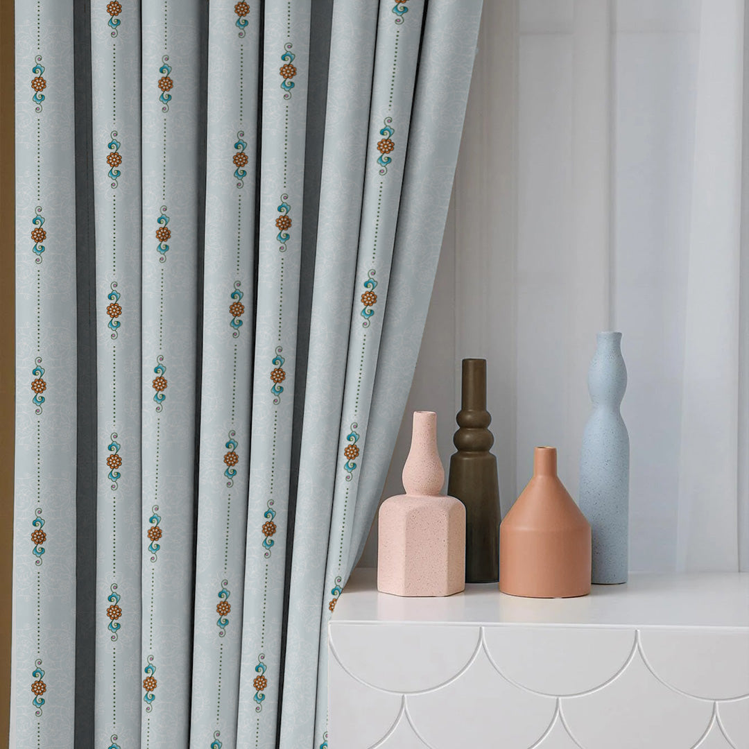 Ethnic Essence Floral Sky Blue Heavy Satin Room Darkening Curtains Set Of 2 - (DS274D)