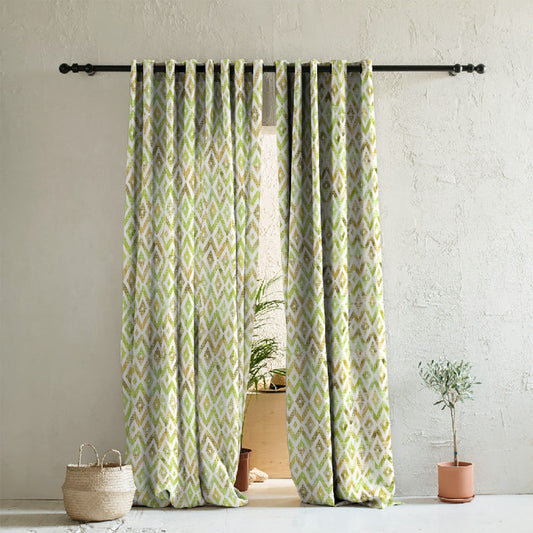 Chromatic Ikat Geometric Grass Green Heavy Satin Room Darkening Curtains Set Of 2 - (DS276A)