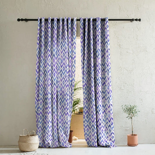 Chromatic Ikat Geometric Classic Blue Heavy Satin Room Darkening Curtains Set Of 2 - (DS276B)