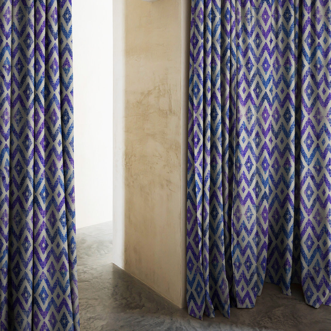 Chromatic Ikat Geometric Classic Blue Heavy Satin Room Darkening Curtains Set Of 2 - (DS276B)