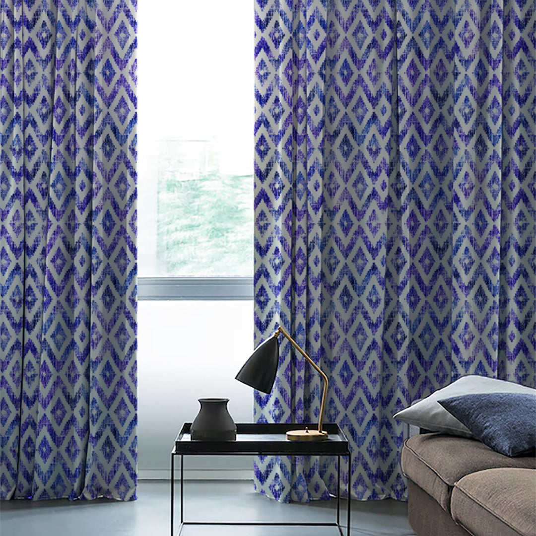 Chromatic Ikat Geometric Classic Blue Heavy Satin Room Darkening Curtains Set Of 2 - (DS276B)