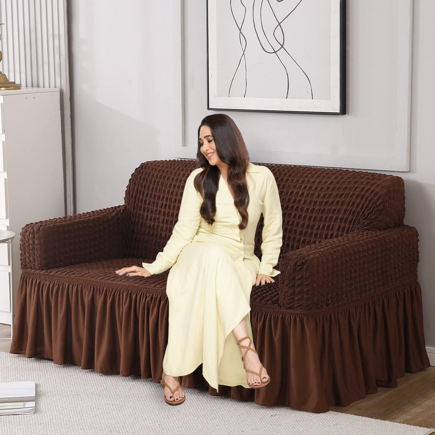 Elastic Stretchable 280 GSM Bubble Sofa Cover with Frill, Dark Brown