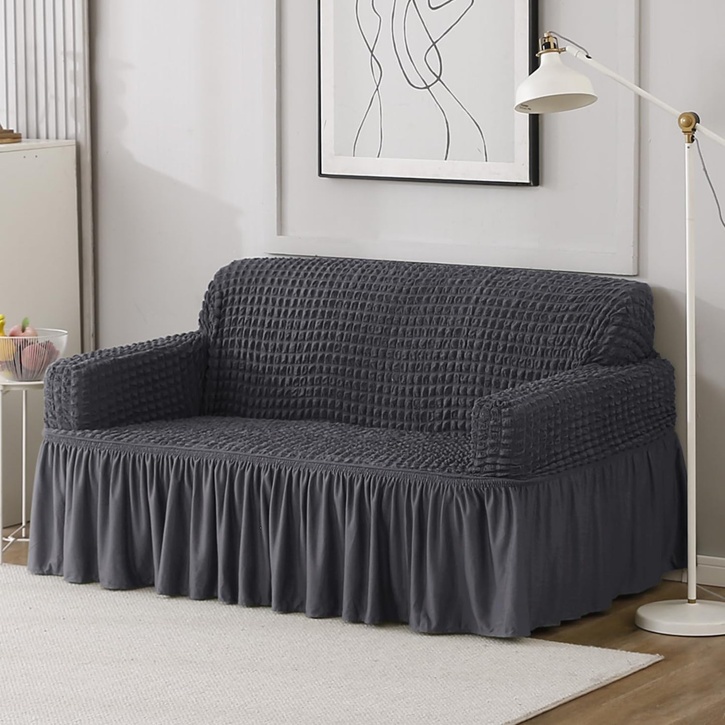 Elastic Stretchable Bubble Sofa Cover with Frill, Anchor Grey