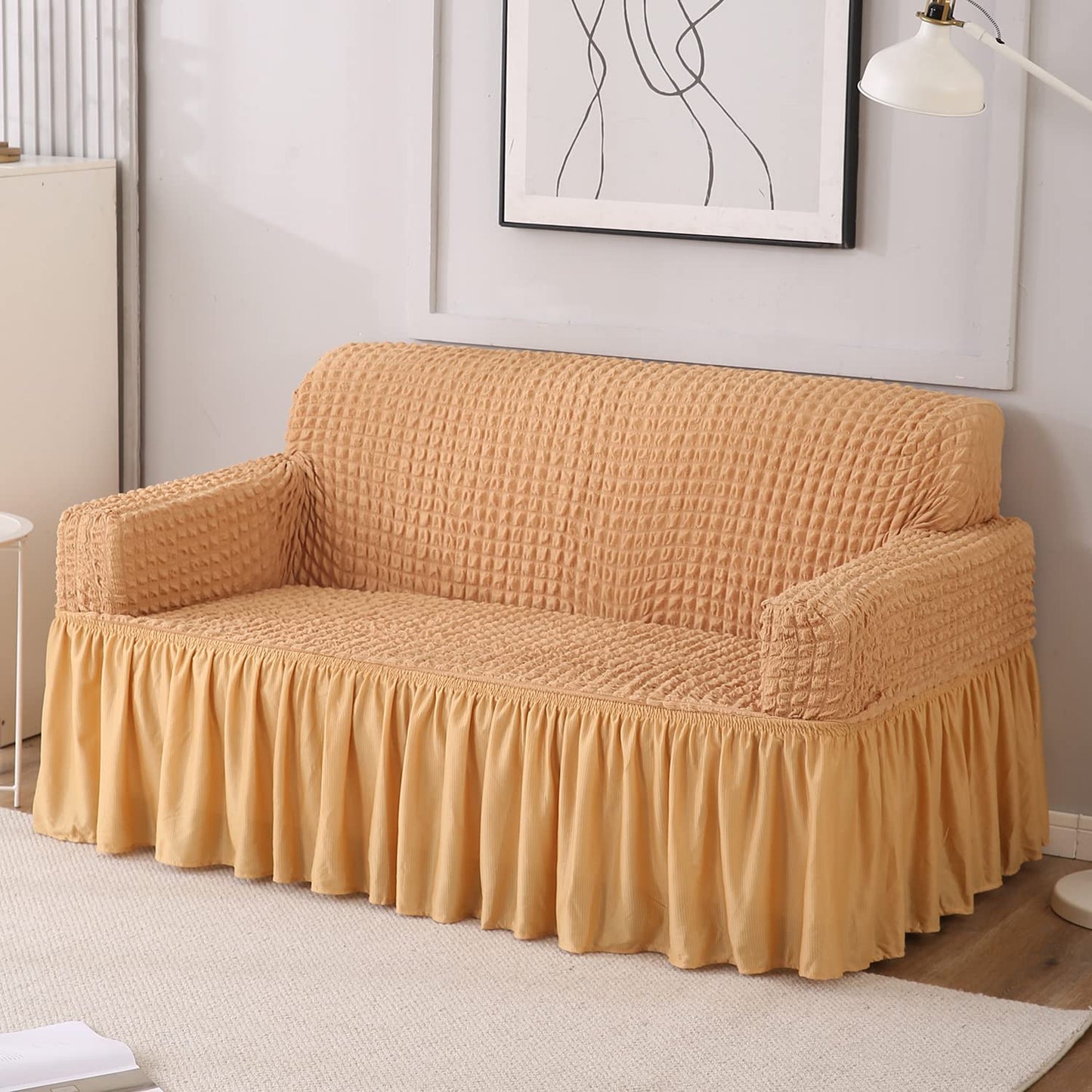 Elastic Stretchable 280 GSM Bubble Sofa Cover with Frill, Light Brown