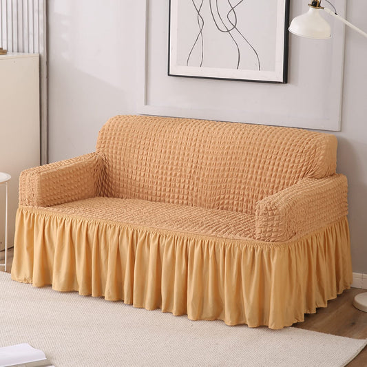 Elastic Stretchable 280 GSM Bubble Sofa Cover with Frill, Light Brown